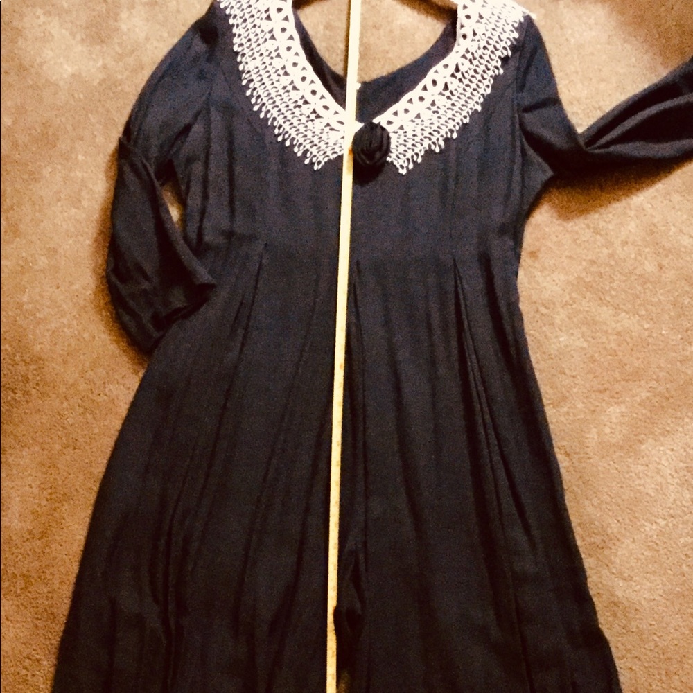⚜️  Vtg WIDE LEG JUMPSUIT Navy w/Lace Collar & Shoulder Pads JEFFREY DARA - Picture 6 of 14